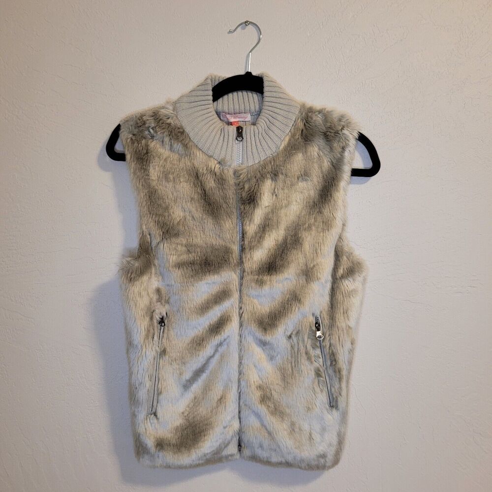 English Laundry Vest Women's Size Med. Grey Faux Fur Full Zip |with Ribbed Back